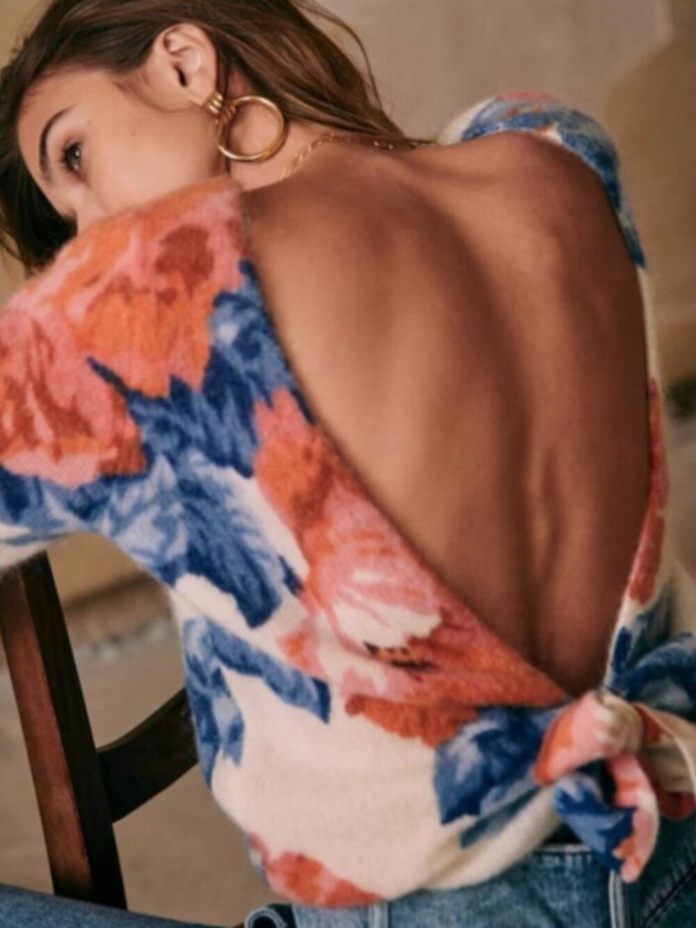 Sezane Alban Jumper Orange Blue Ecru Floral Mohair Sweater Knit Frenc XXL